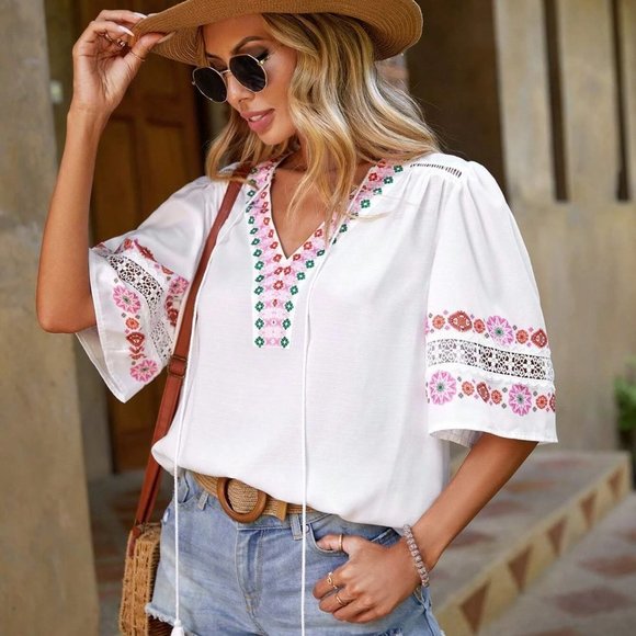 White Boho Womens Floral Print Tassel Tie Neck Puff Sleeve Blouse - Picture 5 of 5